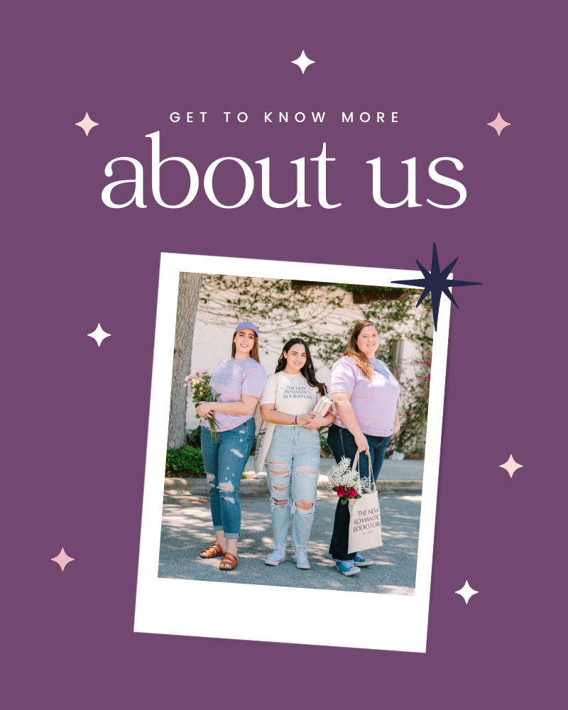 Text "get to know more about us" on a purple background with stars, also a polaroid image of three girls standing outside holding books and tote bags