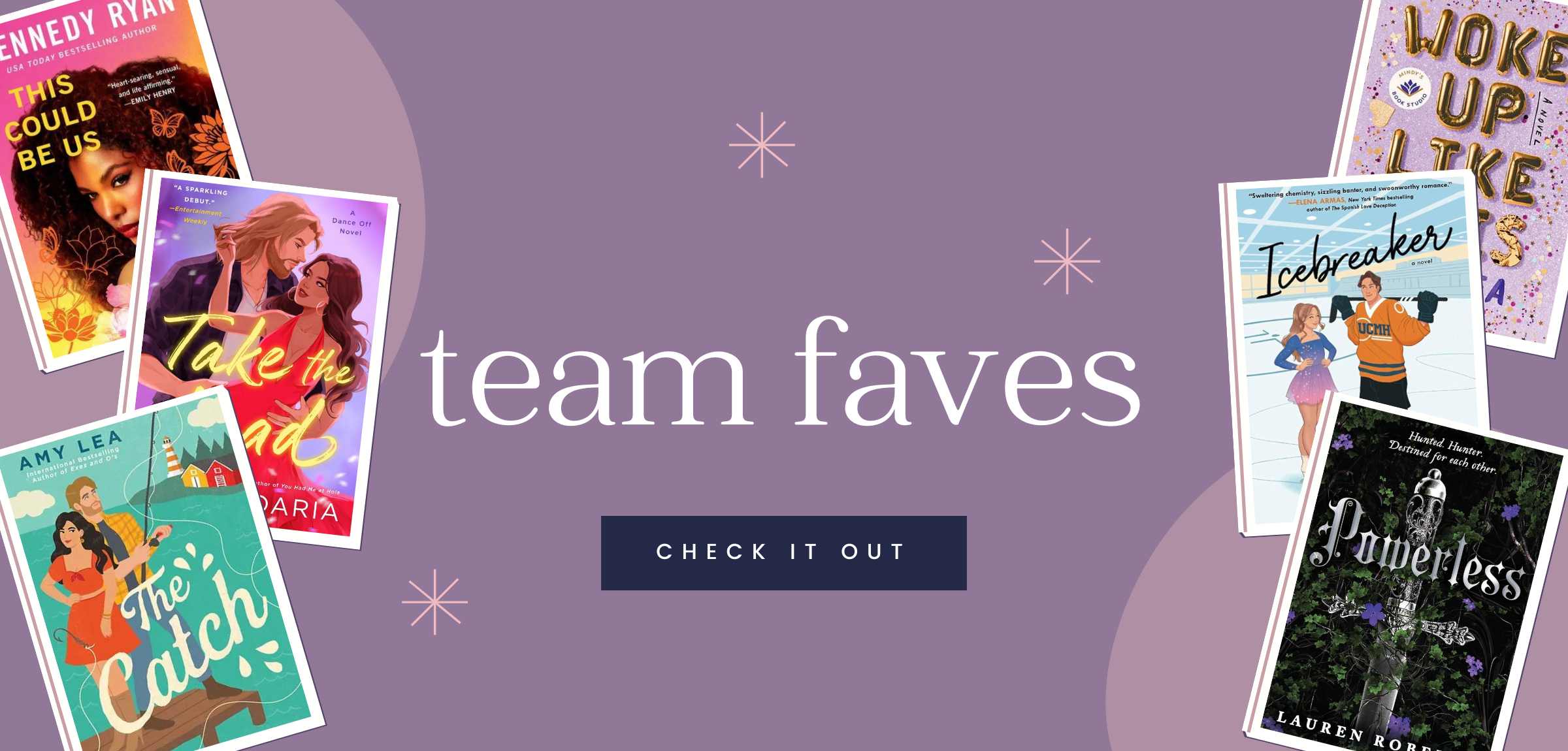 "team faves" button "check it on" on a purple background with stars on the image boards there are several book covers